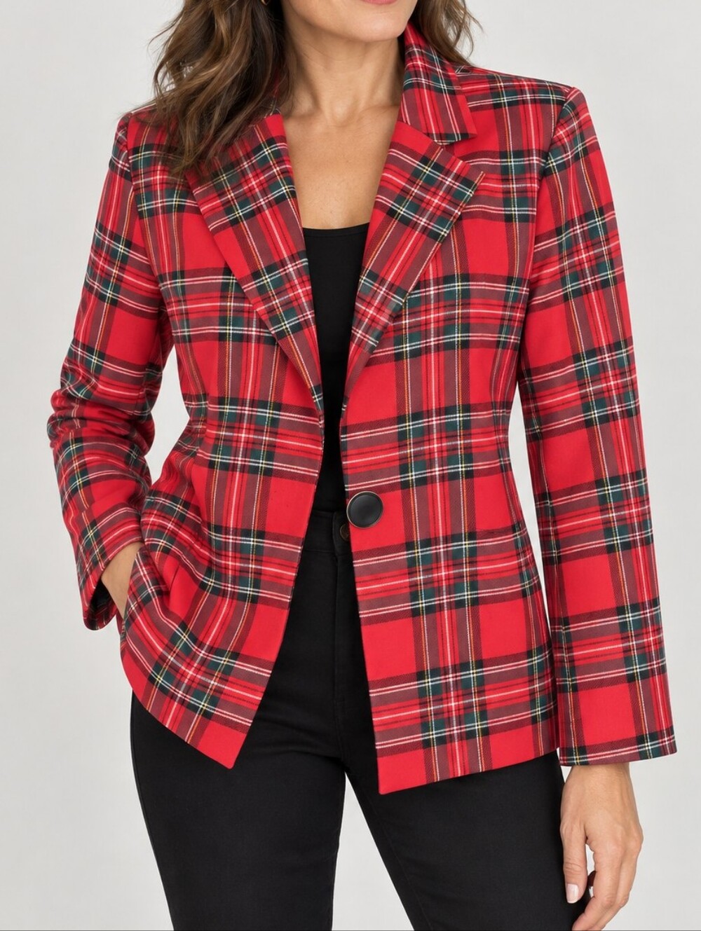 Vintage Sandy White Collection Red Tartan Plaid Blazer Made in Canada Sz 12